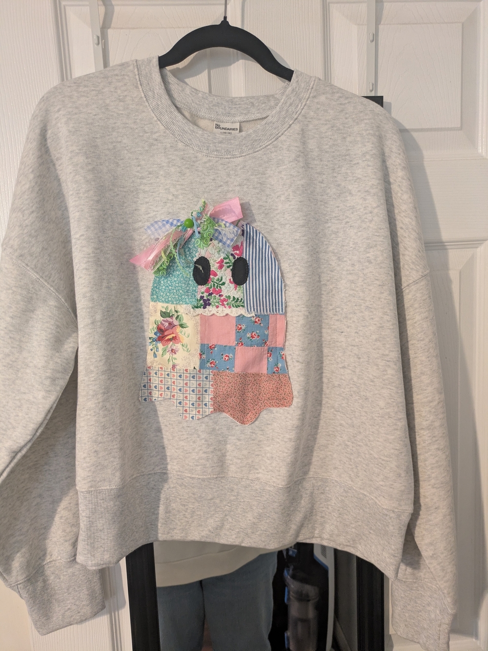 Handmade Gray Crewneck Sweatshirt with Patchwork Ghost Appliqué
